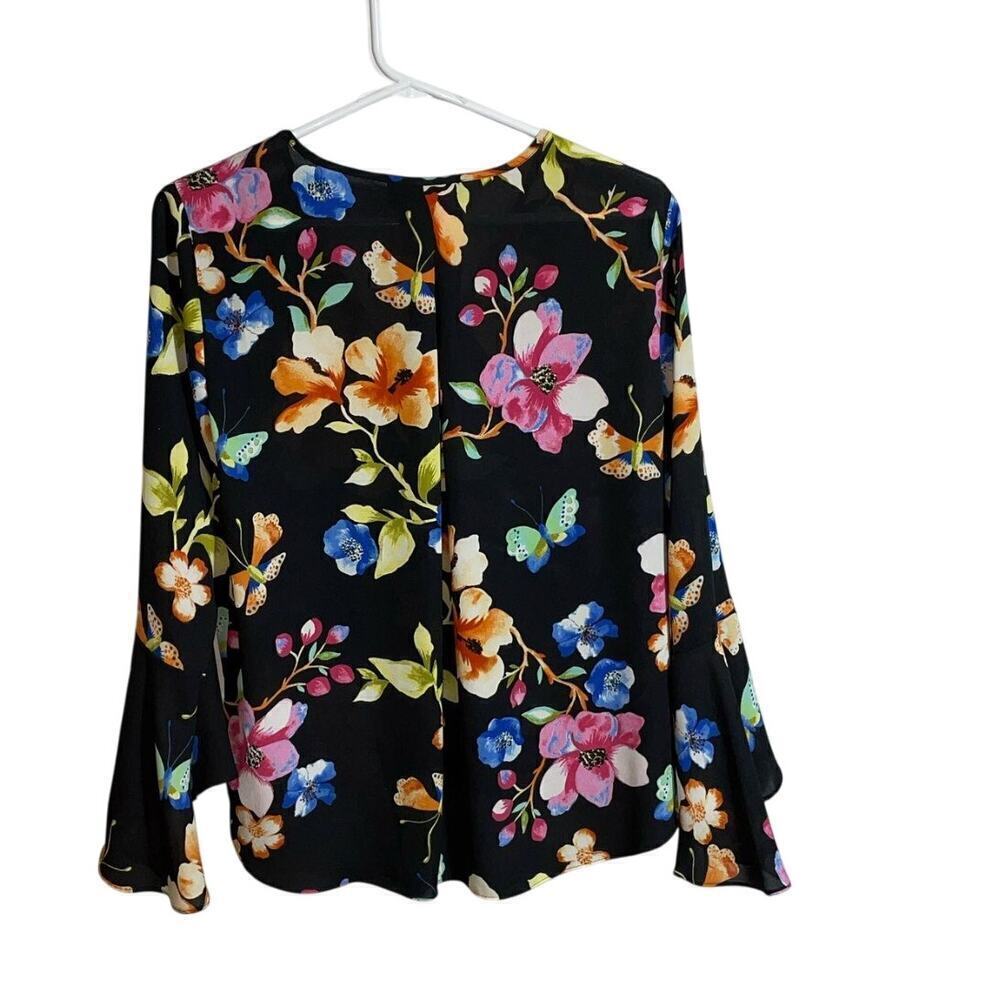 Women’s PM Black Floral V-Neck Blouse INC International Concepts Bell Sleeve